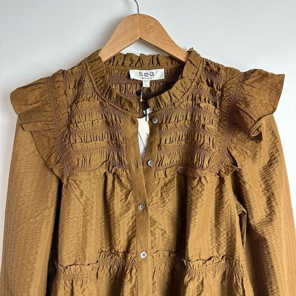 SEA Sevyn Seersucker Dress Size Large Long Sleeve Tobacco Brown Ruffle - Picture 5 of 16